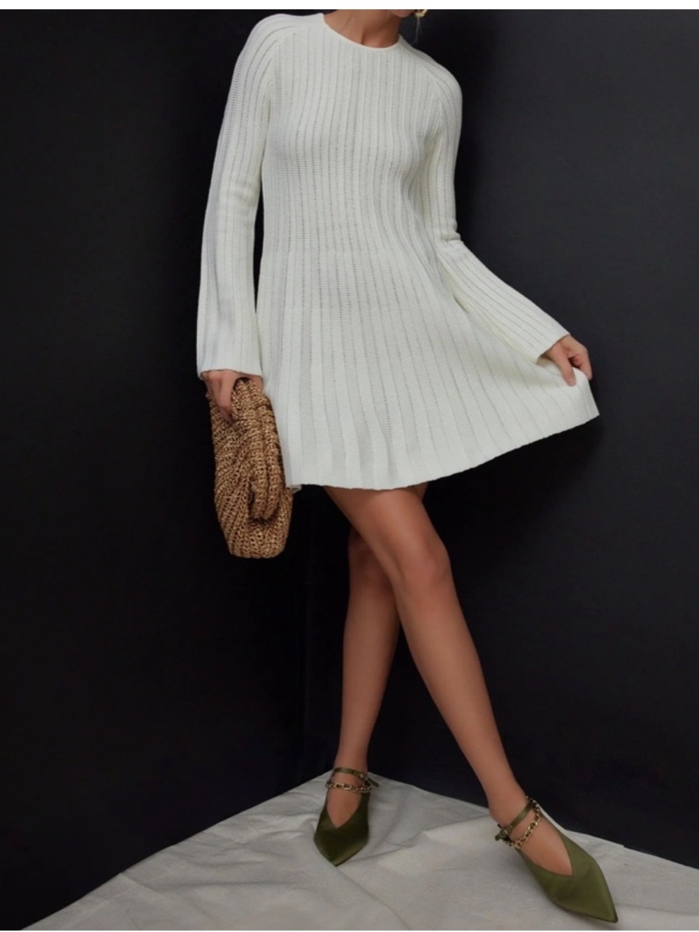 Pomander Place Creamy White Ribbed Flare Knit Mini Dress